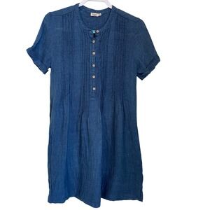 Faherty Size S Gemina Indigo Blue 100% Linen Pintuck Shift Dress Pockets Casual
